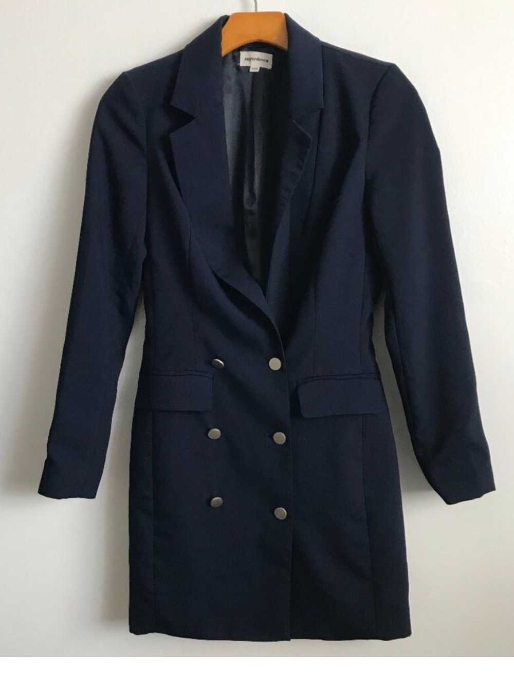 SUPERDOWN WOMENS BLAZER DRESS PINSTRIPE NAVY DOUBLE BREASTED  BUTTON MINI 2XS
